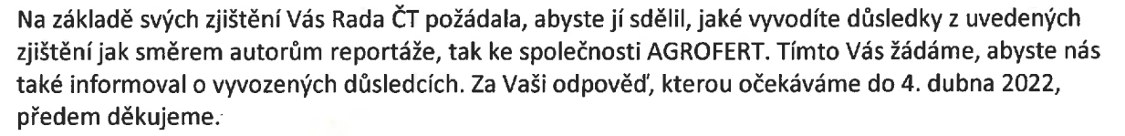 Z dopisu místopředsedy představenstva AGROFERT, a.s. 